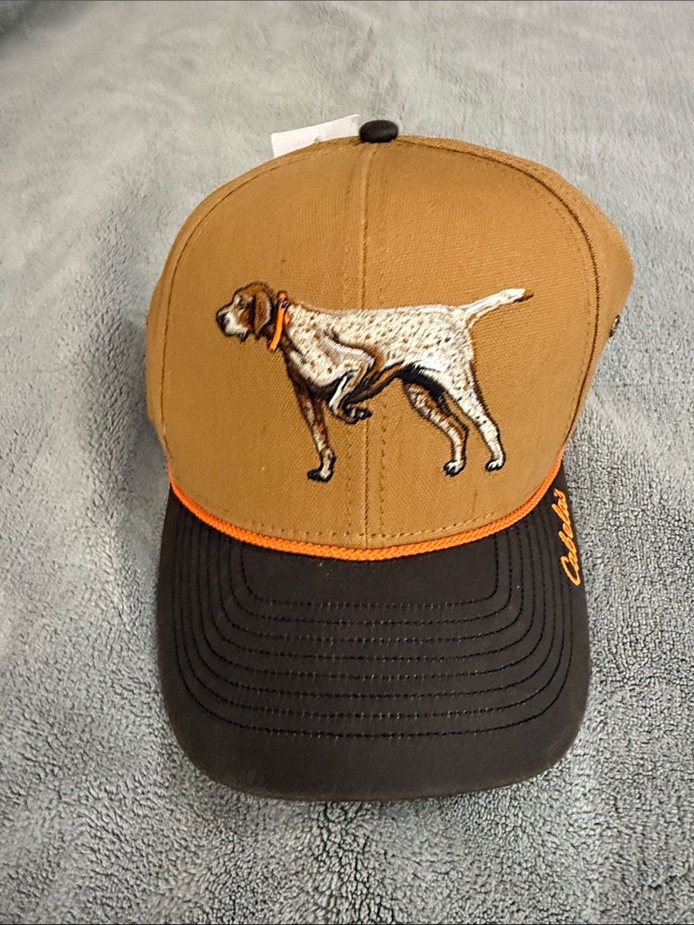 Cabela's Brown & Black Embroidered Pointing Dog Trucker Hat with Orange Trim